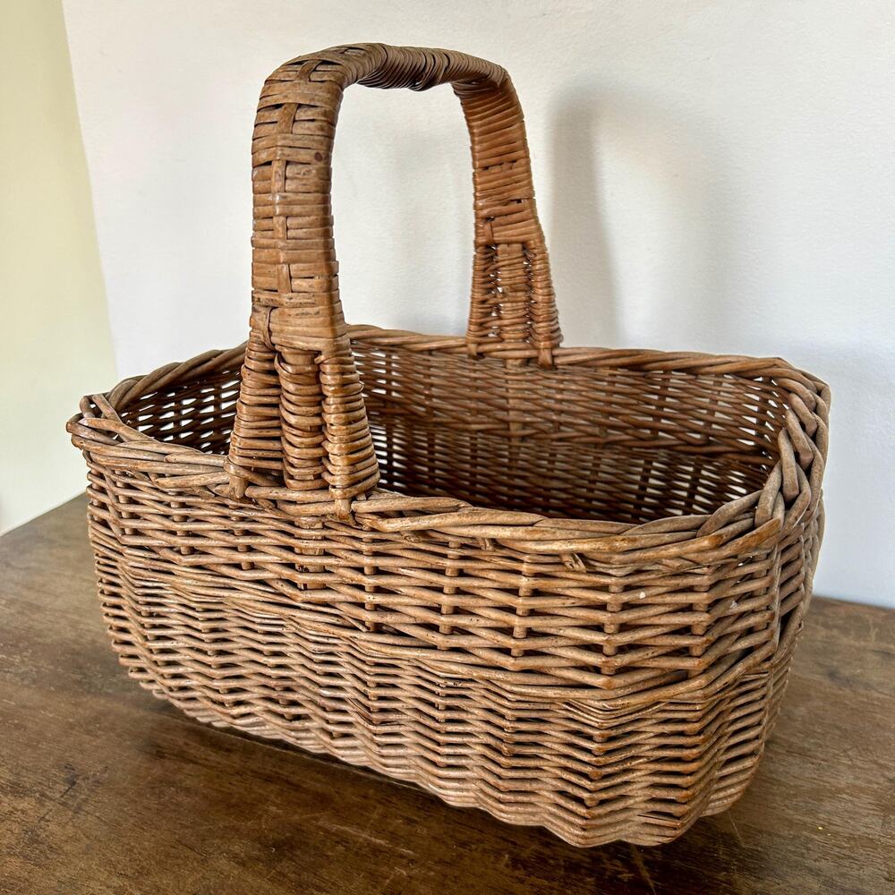 Vintage Rustic Gathering Wicker Basket with Handle | Primitive Cottagecore